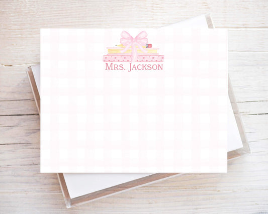 Personalized Teacher Pink Bow Apple Stationery, Back to school Flat Notecard Set, Gingham Book stack