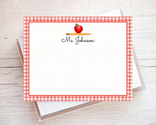 Personalized Gingham Teacher Flat Note Card, Woman Apple Pencil Notecard Set, Back to school stationery