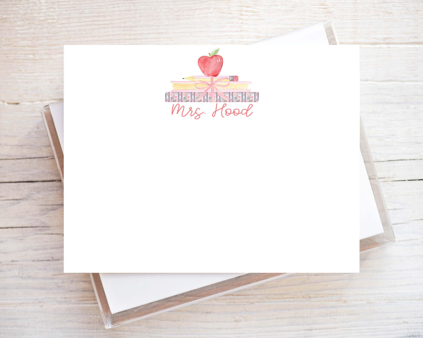 Personalized Teacher Apple Stationery, Back to school Flat Notecard Set, Book Stack With Bow