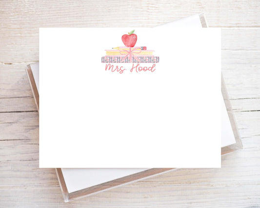 Personalized Teacher Apple Stationery, Back to school Flat Notecard Set, Book Stack With Bow