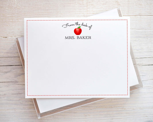 Personalized Teacher Flat Note Card, Back to School Apple Notecard Set, From the desk of Stationery