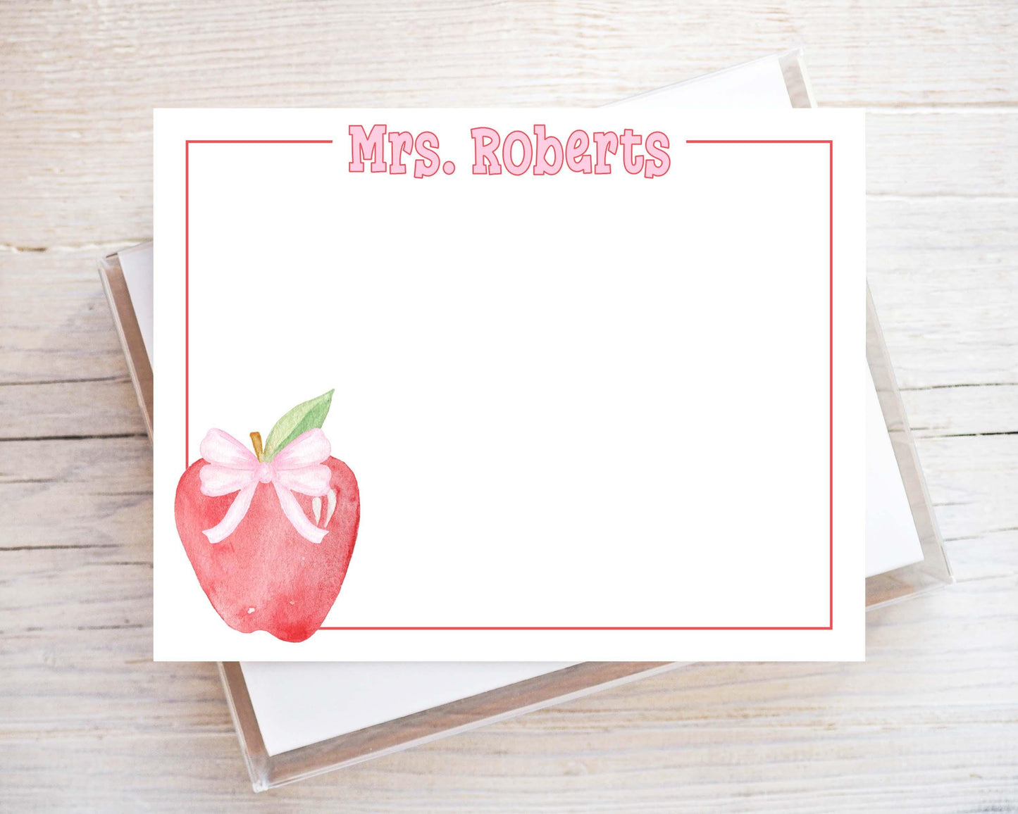 Personalized Apple Pink Bow  Flat Note Card, Woman Teacher Notecard Set, Back to school stationery