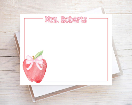 Personalized Apple Pink Bow  Flat Note Card, Woman Teacher Notecard Set, Back to school stationery