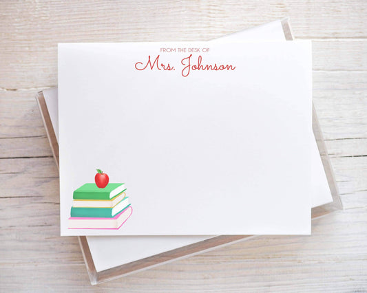 Personalized Teacher Apple Stationery, Back to school Flat Notecard Set, Book Stack