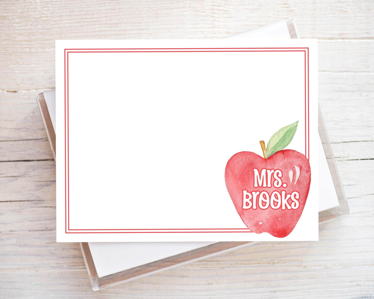Personalized Apple Flat Note Card, Woman Teacher Notecard Set, Back to school stationery