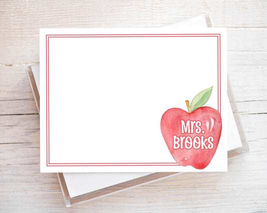 Personalized Apple Flat Note Card, Woman Teacher Notecard Set, Back to school stationery