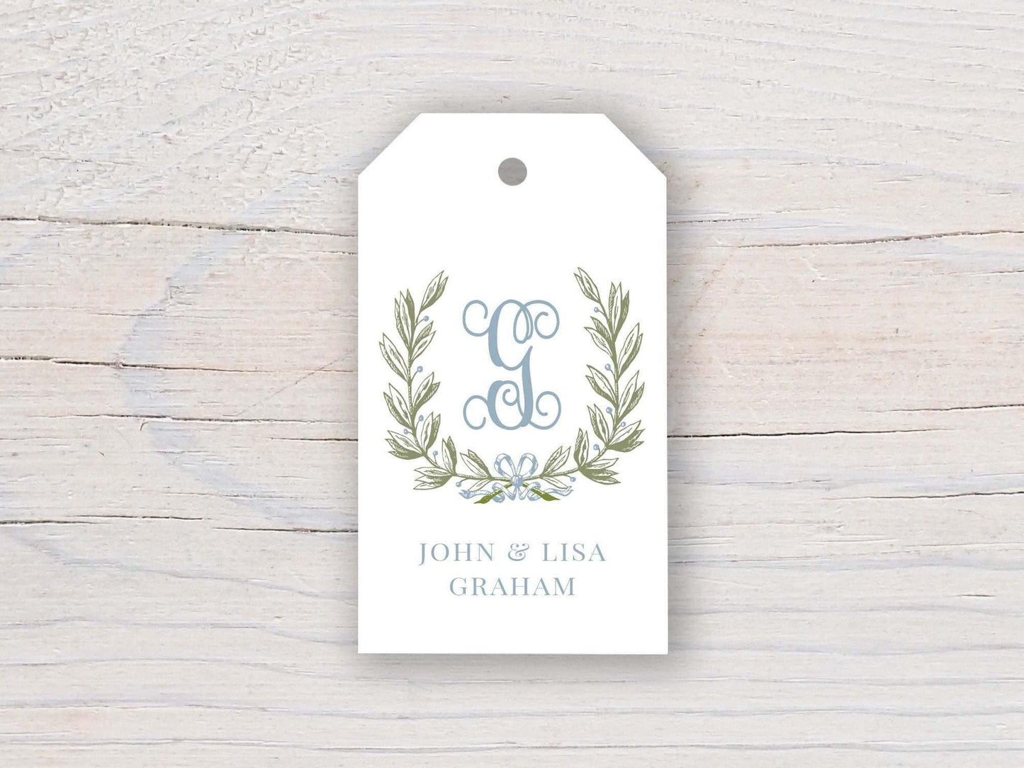 2 x 3.5 inch Personalized Greenery Laurel Crest Gift Tags | Custom Monogram Family Tag