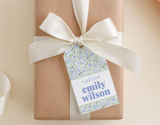 A gift wrapped in brown paper with a white ribbon and a tag that reads "a gift from emily wilson".