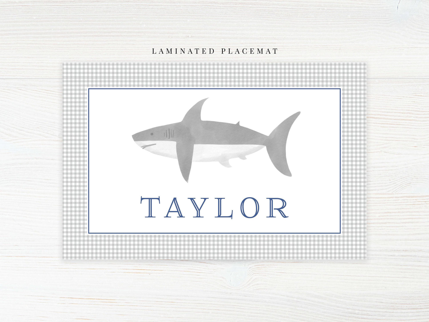 Personalized Watercolor Shark Placemat, Laminated Gingham Boy Placemat