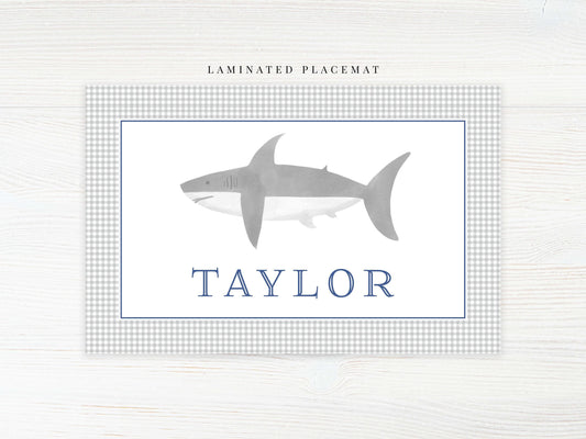 Personalized Watercolor Shark Placemat, Laminated Gingham Boy Placemat