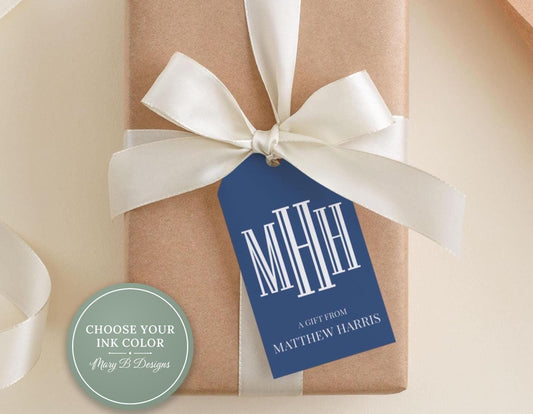 A gift wrapped in brown paper with a white ribbon and a blue tag that reads "MHHH" and "A gift from MATTEW HARRIS".