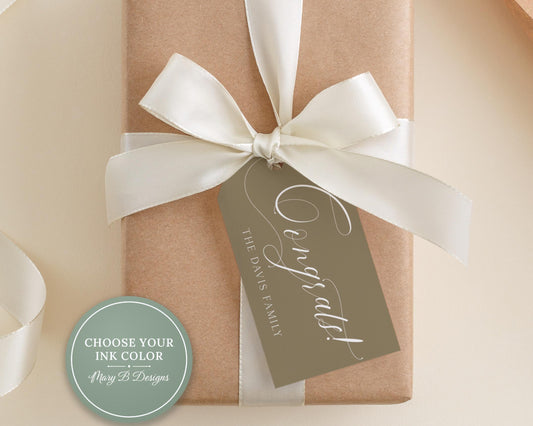 A gift box with a white ribbon and a tag that reads "Congratulations! The gift is from [Name] to [Name]".
