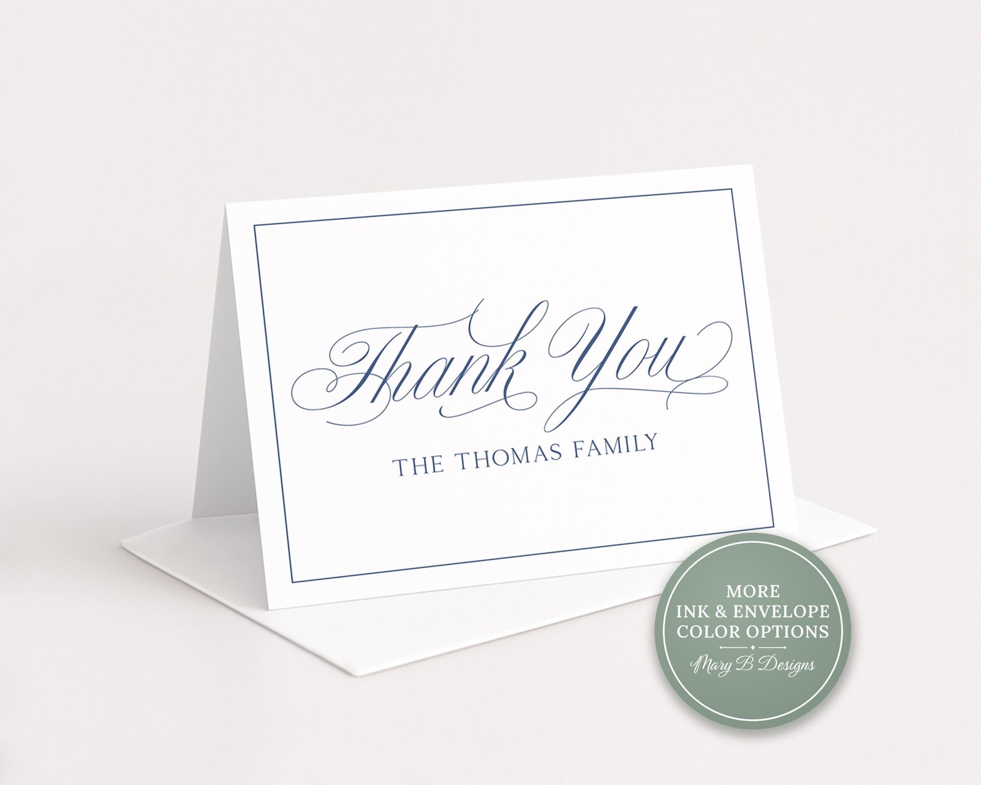 A white card with a blue border, displaying the text "Thank You" in a cursive font.