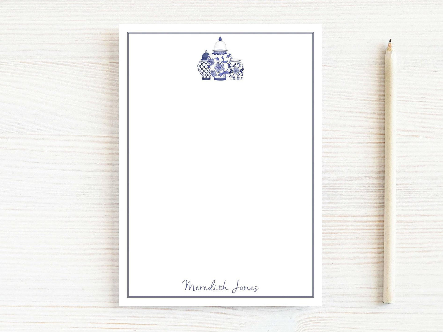 Personalized 5.5X5.5 or 5X7 Watercolor Ginger Jar Notepad, Women Blue Chinoiserie Note