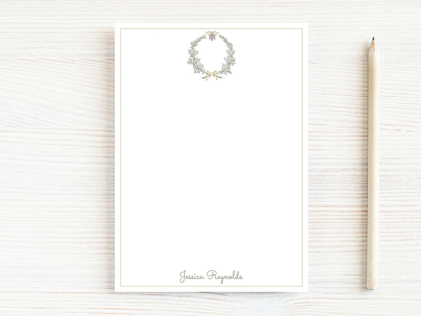 Personalized 5.5X5.5 or 5X7 Bee Wreath Notepad, Women Laurel Classy Notes