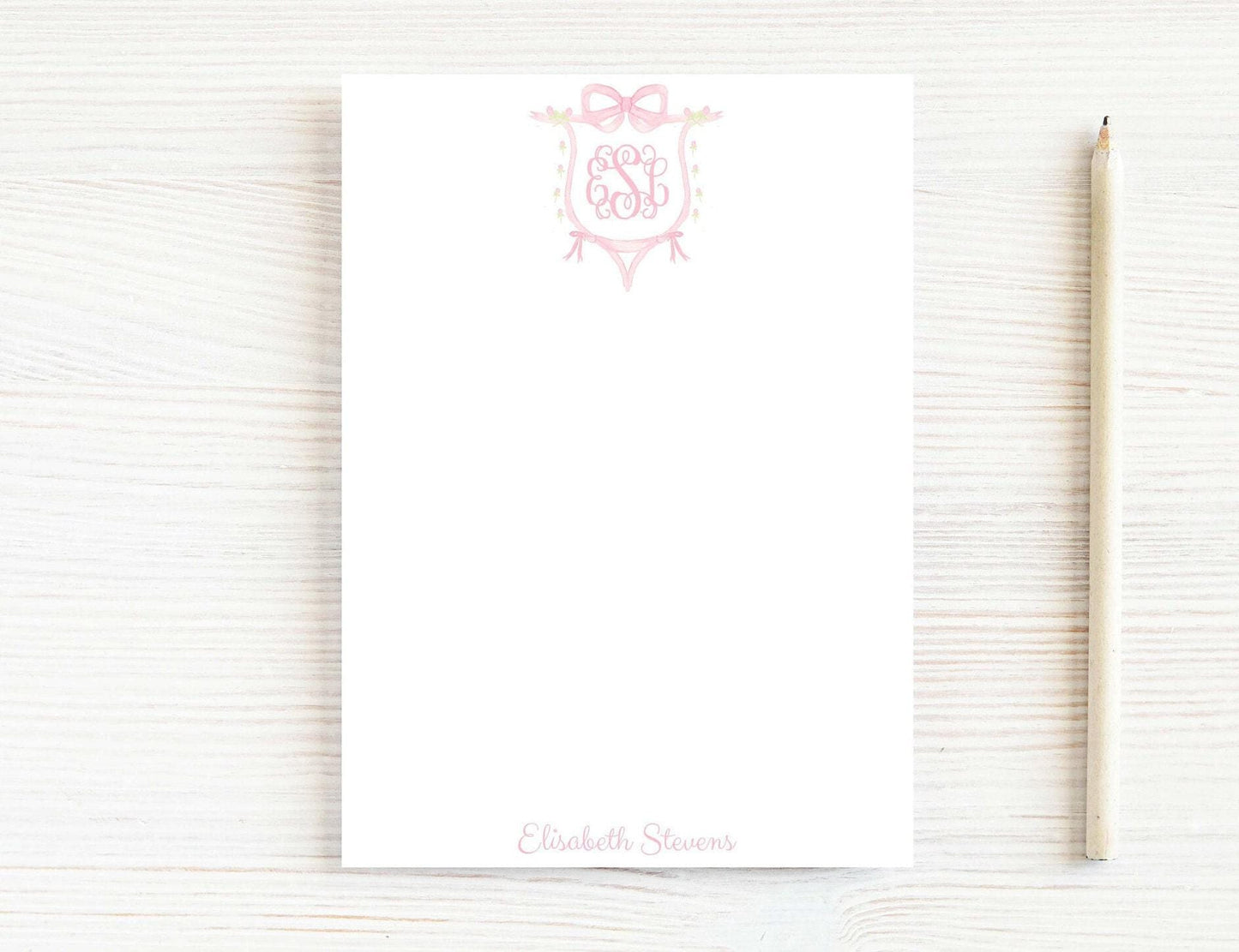 Personalized 5.5X5.5 or 5X7 Bow Crest Monogram Notepad, Pink Girl Initials Note