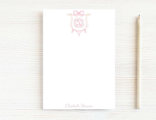 Personalized 5.5X5.5 or 5X7 Bow Crest Monogram Notepad, Pink Girl Initials Note