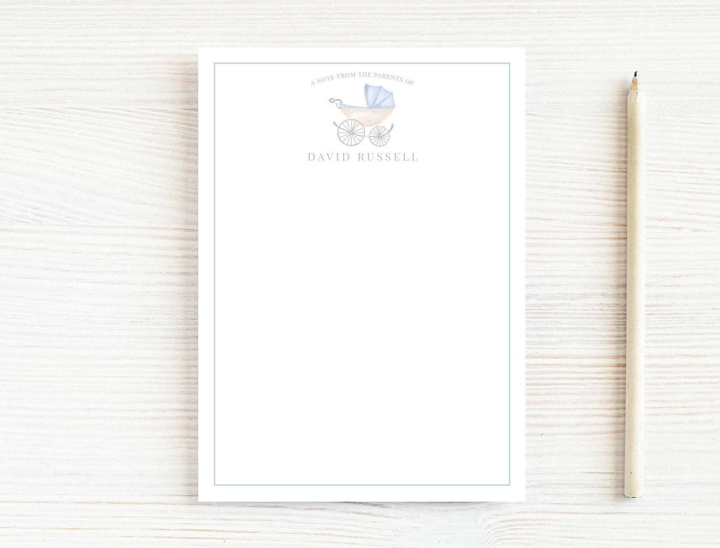 Personalized 5.5X5.5 or 5X7 Blue Baby Carriage Notepad, Newborn Boy Notes