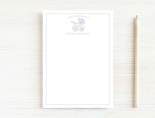 Personalized 5.5X5.5 or 5X7 Blue Baby Carriage Notepad, Newborn Boy Notes