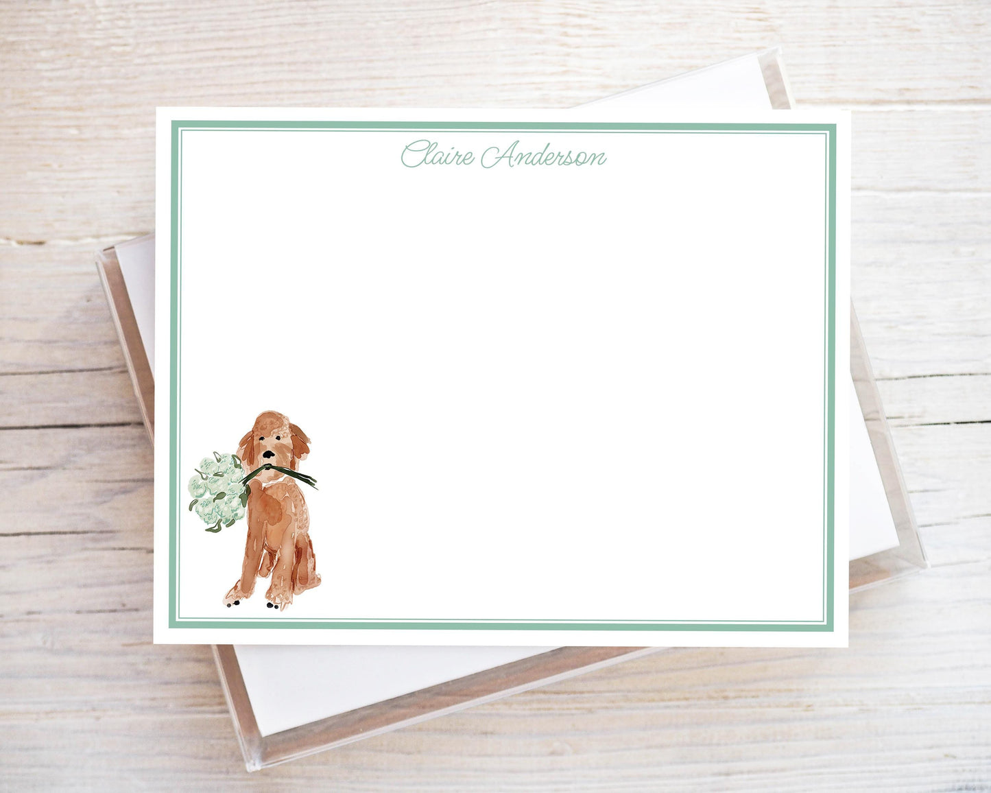 Personalized A2 Size Watercolor Dog Stationery, Floral Goldendoodle Puppy Flat Notecard Set