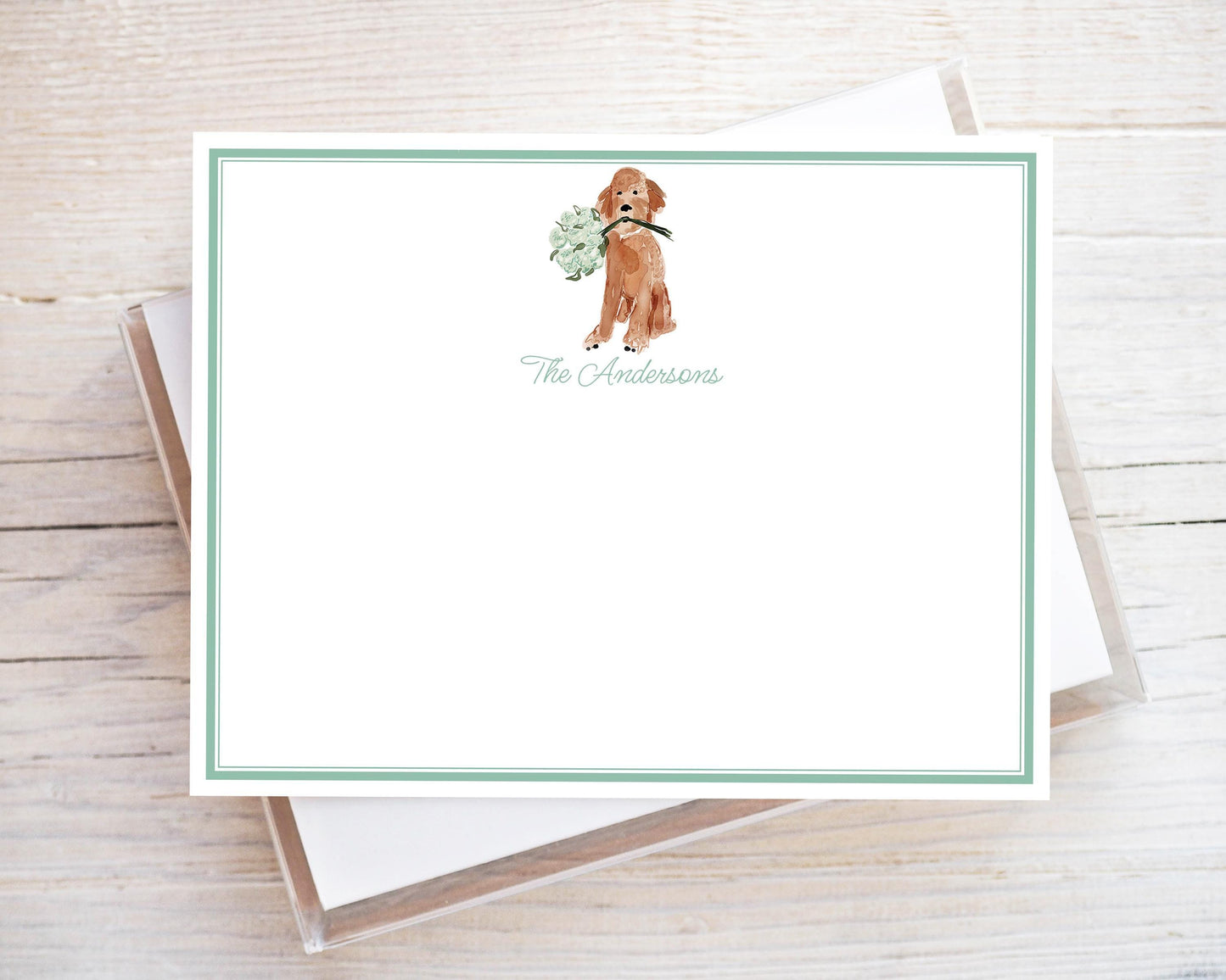 Personalized A2 Size Watercolor Dog Stationery, Floral Goldendoodle Puppy Flat Notecard Set