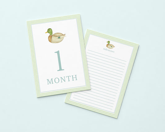 two cards with a duck illustration and text, indicating a milestone or event related to a child's age.