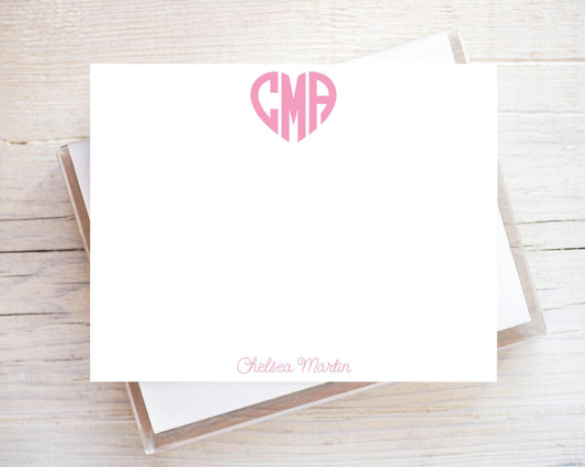 Personalized A2 Size Heart Shape Monogram Stationery, Girl Colorful Fun Initials Flat Notecard Set