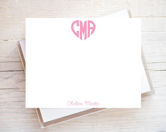Personalized A2 Size Heart Shape Monogram Stationery, Girl Colorful Fun Initials Flat Notecard Set