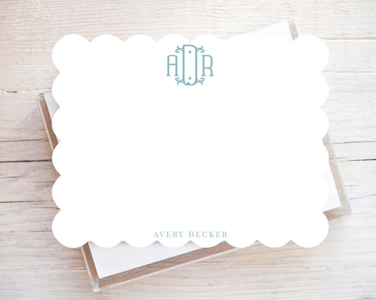 Personalized A2 Size Scalloped Monogram Stationery, Scallop Edge Women Girl Flat Notecard Set