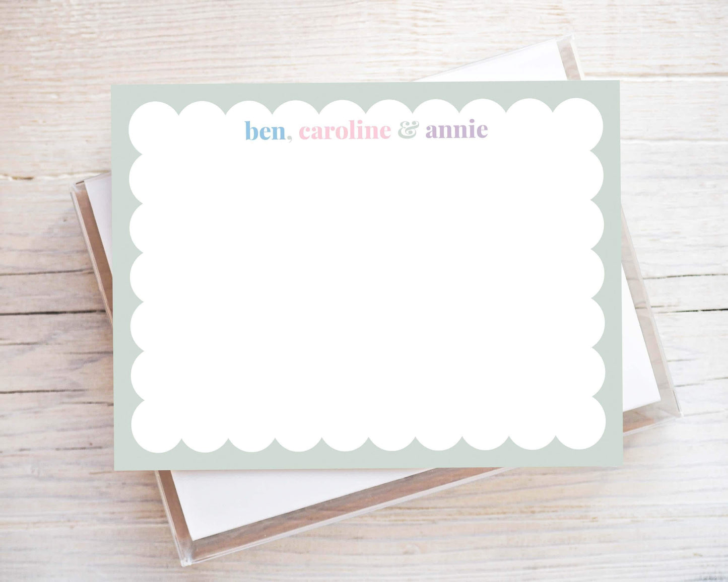 Personalized A2 Size Colorful Scallop Sibling Stationery, Scalloped Border Kid Flat Notecard Set