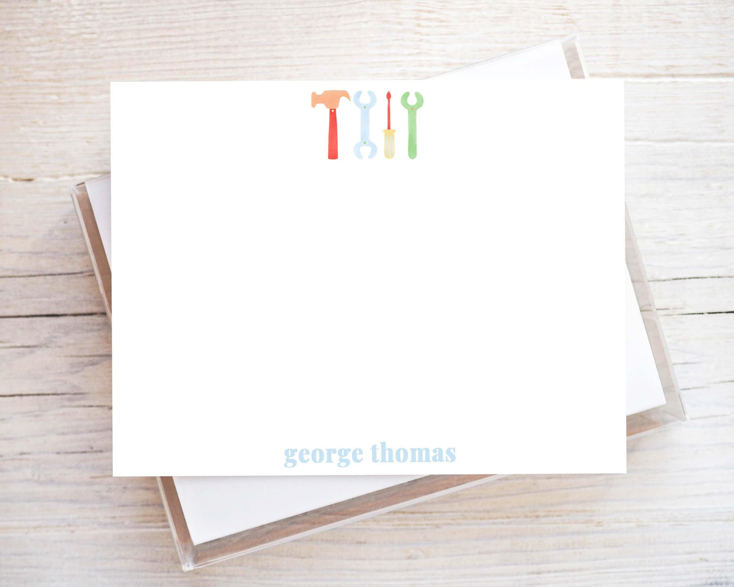 Personalized A2 Size Watercolor Tools Stationery, Baby Boy Colorful Flat Notecard Set
