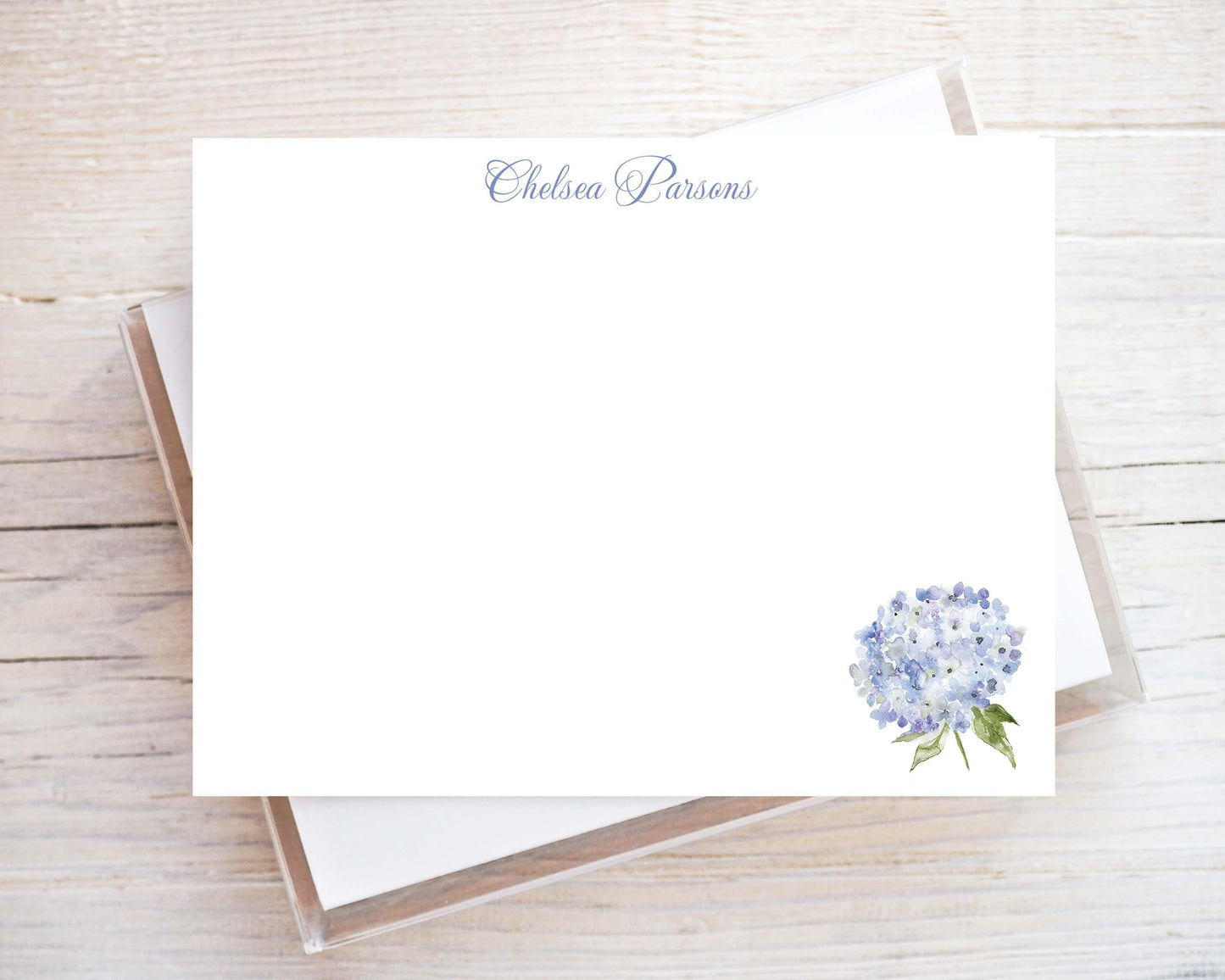 Personalized A2 Size Watercolor Blue Purple Hydrangea Stationery, Floral Women Girl Flat Notecard Set