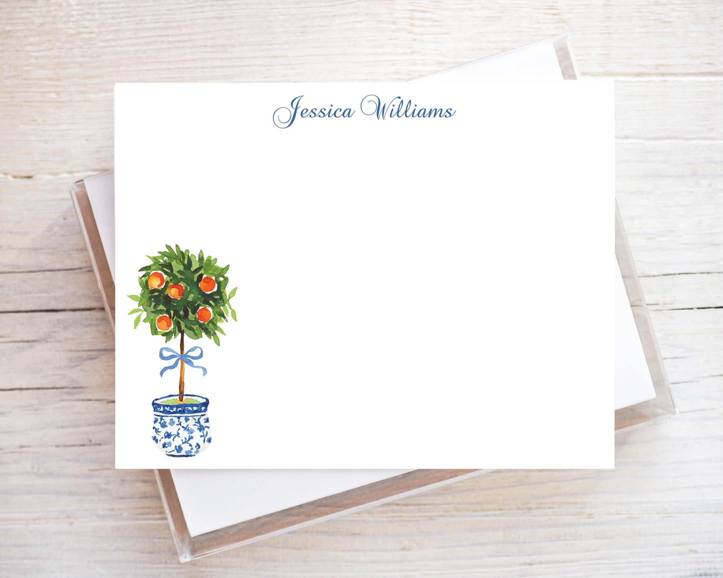 Personalized A2 Size Topiary Blue Bow Stationery, Women Girl Orange Tree Greenery Notecard Set