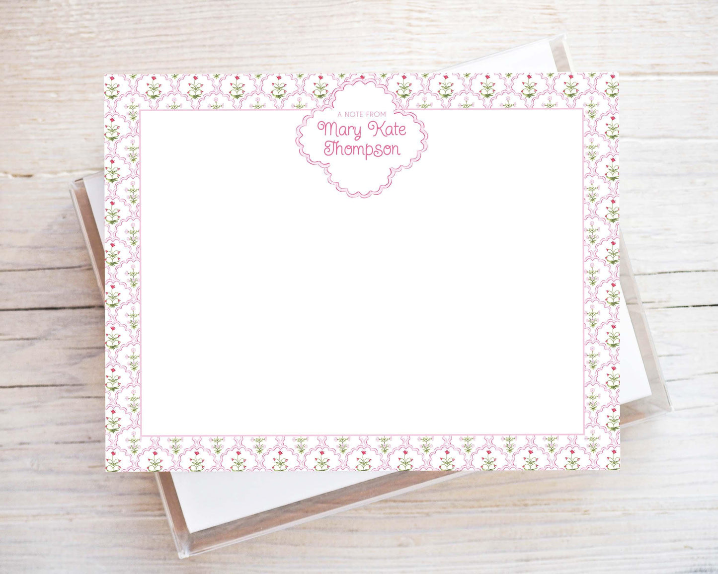 Personalized A2 Size Watercolor Pink Floral Scallop Stationery, Women Flower Flat Notecard Set