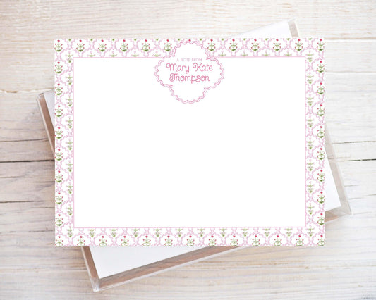 Personalized A2 Size Watercolor Pink Floral Scallop Stationery, Women Flower Flat Notecard Set