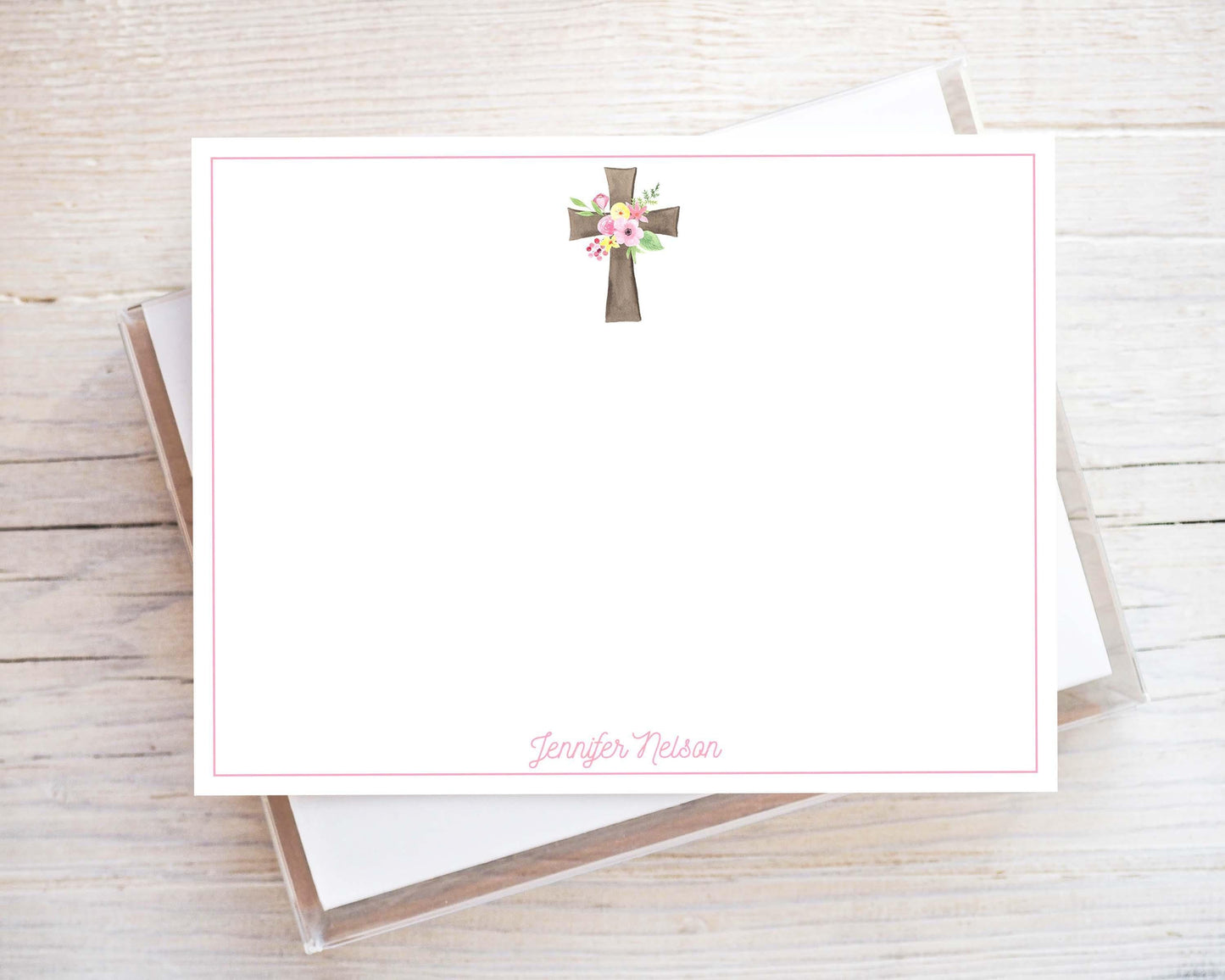 Personalized A2 Size Watercolor Floral Cross Stationery, Pink Flowers Girl Women Flat Notecard Set
