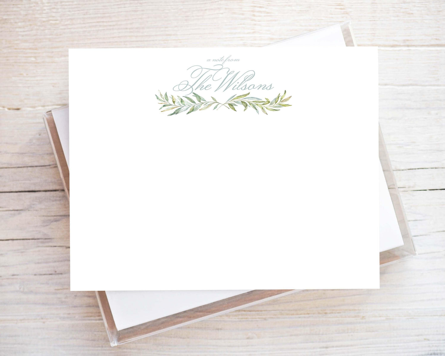 Personalized A2 Size Watercolor Greenery Stationery, Blue Green Family Married Flat Notecard Set
