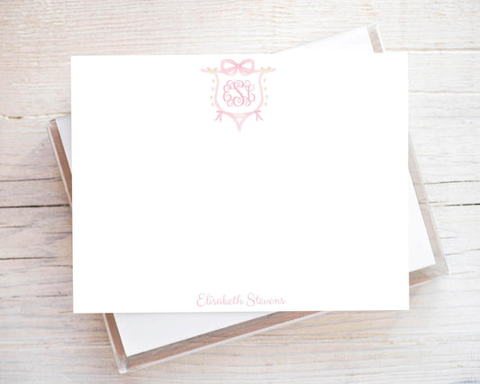 Personalized A2 Size Pink Monogram Crest Flat Notecard Set, Women Girl Initials Stationery