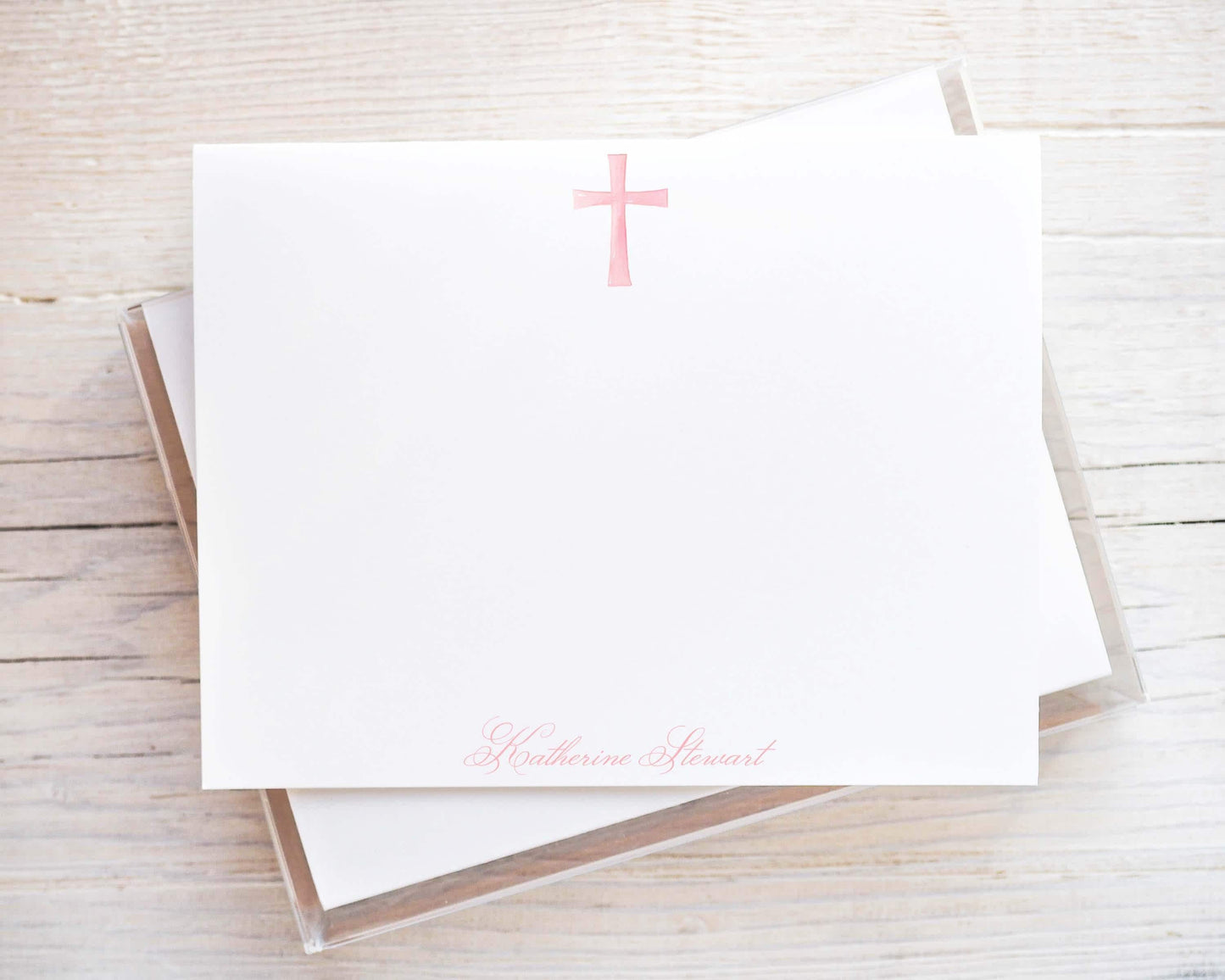 Personalized A2 Size Pink Watercolor Cross Stationery, Girl Women Flat Notecard Set