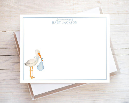 Personalized A2 Size Watercolor Blue Baby Stork Stationery, Newborn Boy Flat Notecard Set