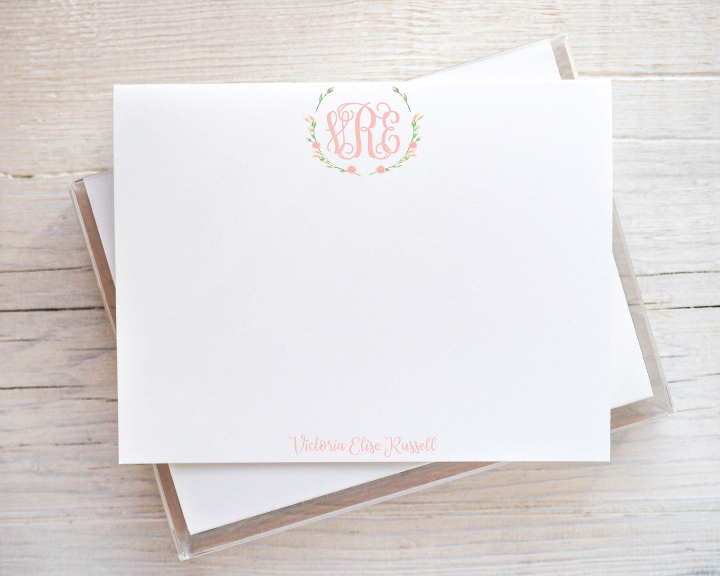 Personalized A2 Size Pink Monogram Wreath Flat Notecard Set, Girl Women Initials Stationery