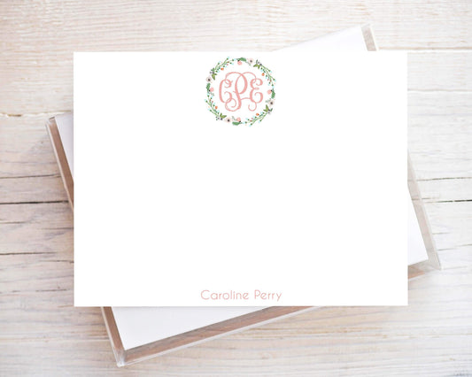 Personalized A2 Size Monogram Pink Wreath Flat Notecard Set, Girl Women Initials Stationery