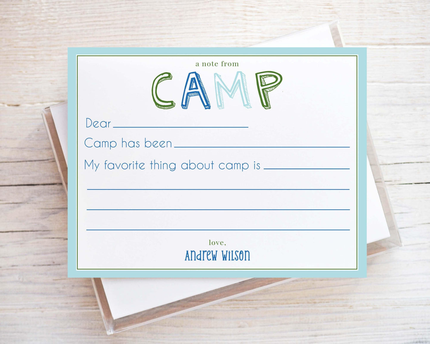 Personalized A2 Size Boy Camp Notes Stationery, Boys Summer Camp Flat Notecard Set