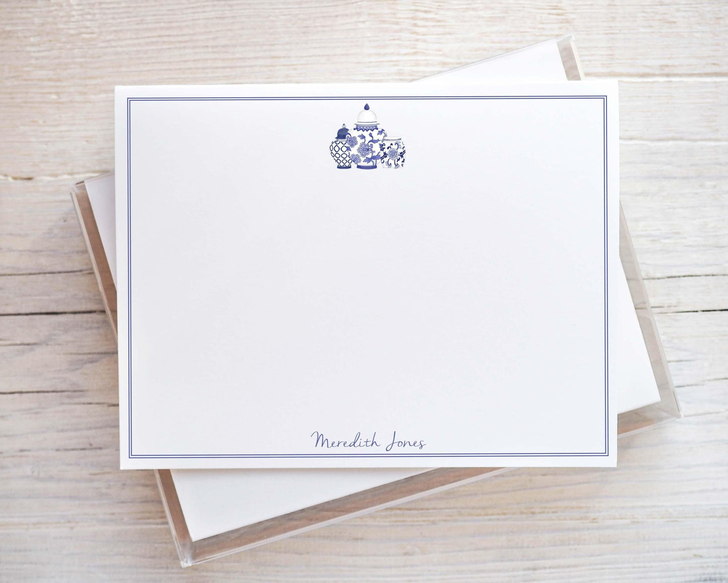 Personalized A2 Size Watercolor Chinoiserie Blue Ginger Jar Stationery, Women Girl Floral Flat Notecard Set