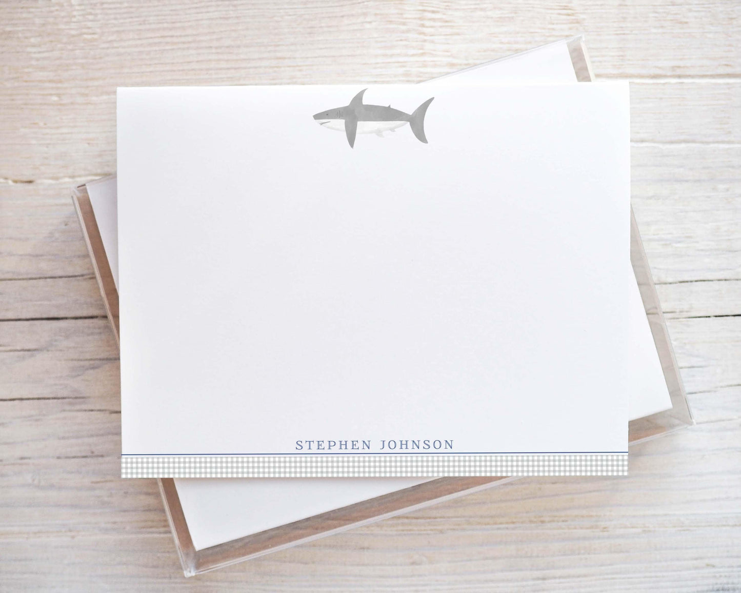Personalized A2 Size Watercolor Shark Stationery, Boy Blue Beach Ocean Flat Notecard Set