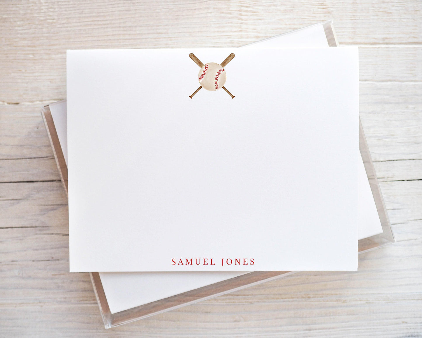 Personalized A2 Size Watercolor Bat and Ball Baseball Stationery, Boy Sports Flat Notecard Set