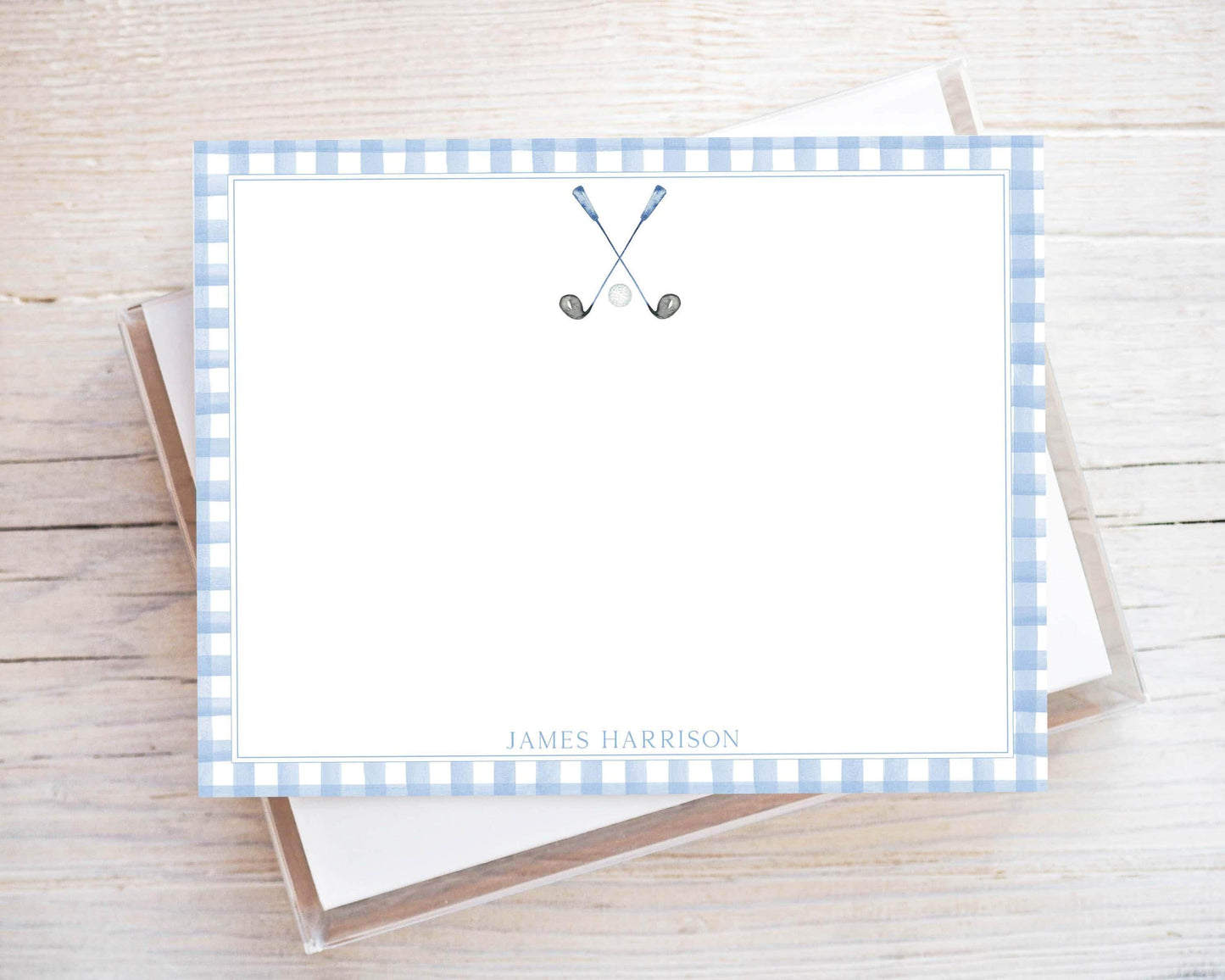 Personalized A2 Size Watercolor Blue Gingham Golf Stationery, Boy Sports Flat Notecard Set