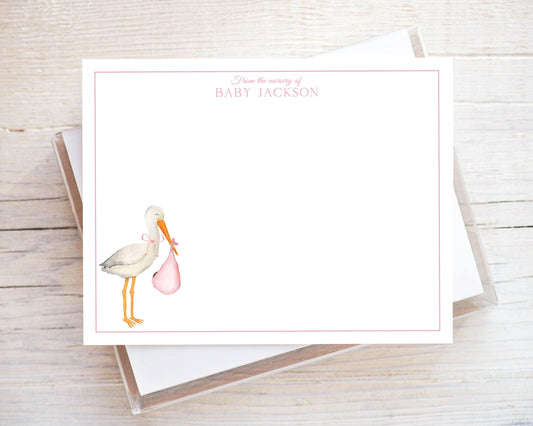 Personalized A2 Size Watercolor Pink Bow Stork Stationery, Baby Newborn Girl Flat Notecard Set