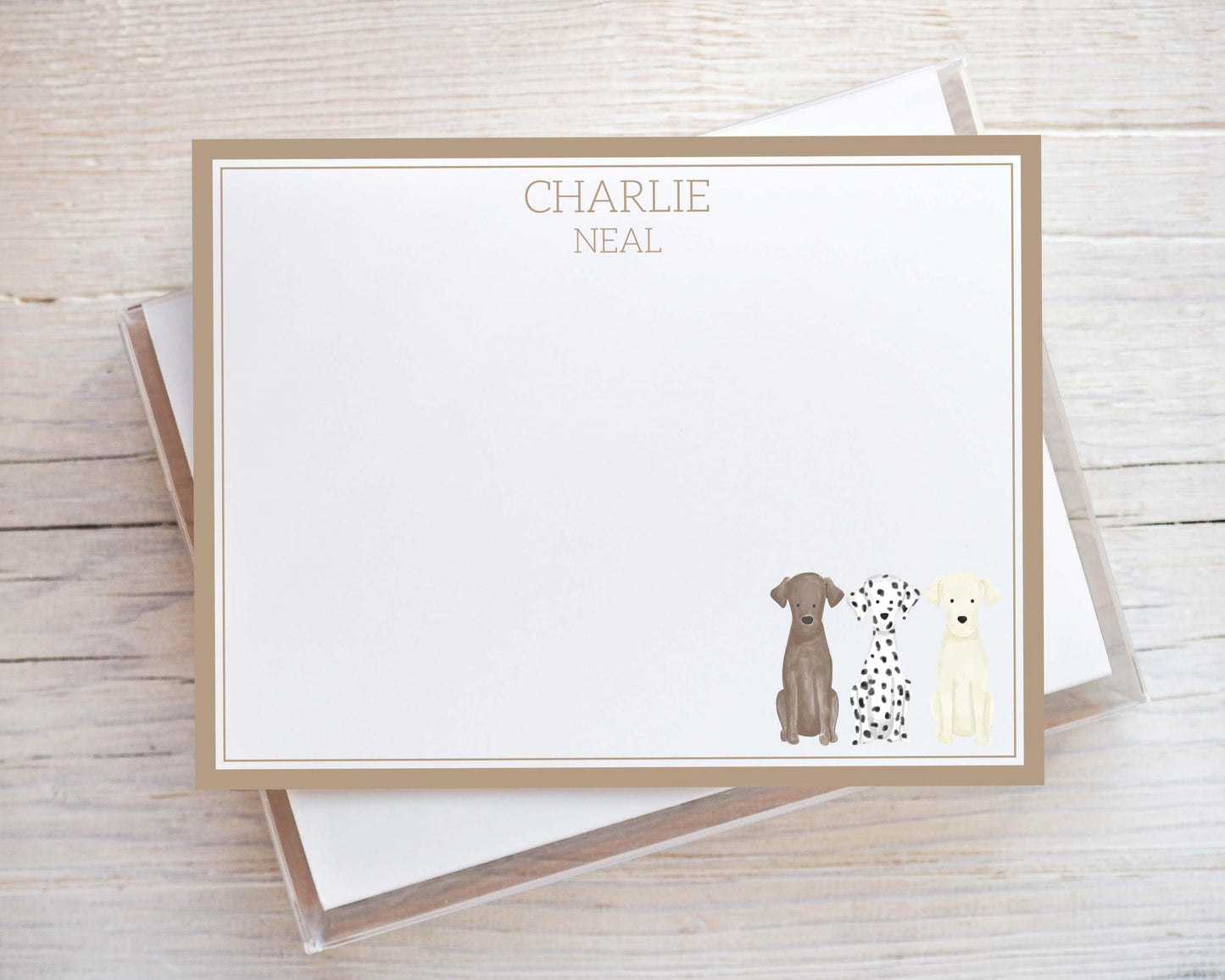 Personalized A2 Size Watercolor Labrador Puppy Dog Stationery, Boy Lab Dalmatian Flat Notecard Set