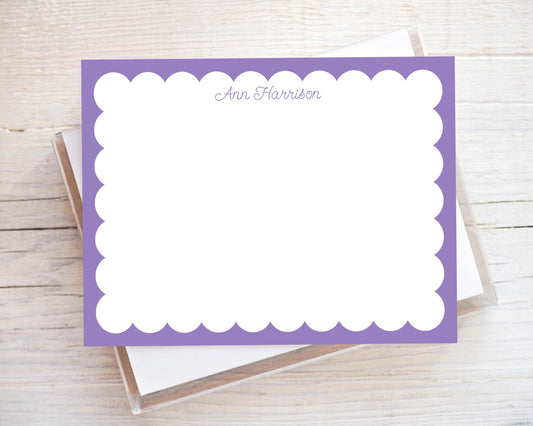 Personalized A2 Size Colored Scalloped Border Stationery, Women Girl Colorful Scallop Flat Notecard Set